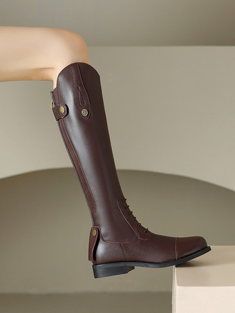 ブラック レディース 乗馬ブーツ ラウンドトゥ フラット ミッドカーフ ブーツ