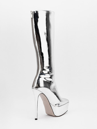 シルバーのセクシーなブーツ プラットフォーム ポインテッドトゥ スティレットヒール ミッドカーフブーツ レディース
