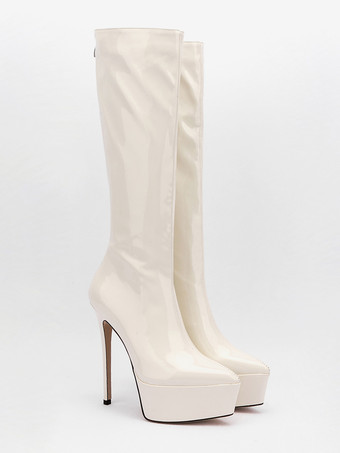 シルバーのセクシーなブーツ プラットフォーム ポインテッドトゥ スティレットヒール ミッドカーフブーツ レディース