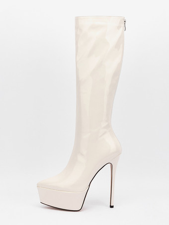 ホワイト シルバーのセクシーなブーツ プラットフォーム ポインテッドトゥ スティレットヒール ミッドカーフブーツ レディース