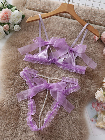 violet Ensembles Soutien-Gorge Culotte En Polyester Volants Pois 2 Pièces Lingerie Sexy