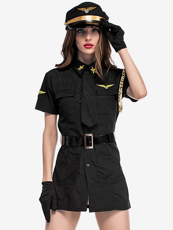 ブラック 女性スチュワーデス衣装魅力的なレイブクラブポリエステル