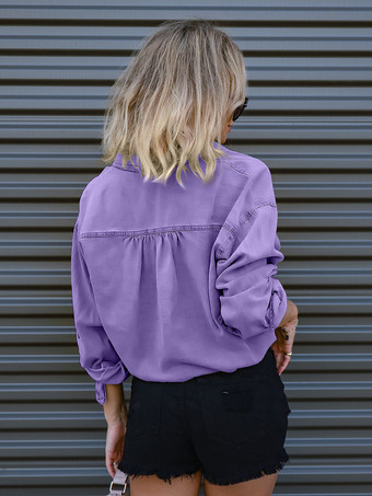 デニムブラウス ドロップショルダー 長袖 ボタン レースアップ トップス