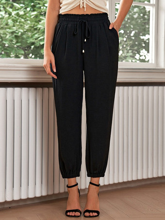 ブラック パンツ ブリックレッド レースアップ ウエスト トラウザーズ