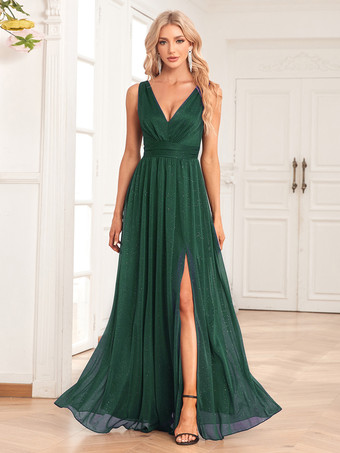 グリーン グリッタープロムドレス Vバック ノースリーブ エンパイア ワシット ハイスリット マキシドレス