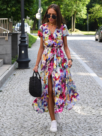 プリントラップドレス Vネック 半袖 ベルト付き カジュアル サマー ミディドレス