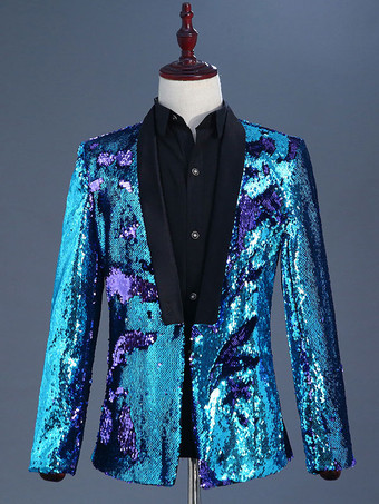 bleu Costume à paillettes bicolore tenue de spectacle sur scène Costumes rétro à manches longues