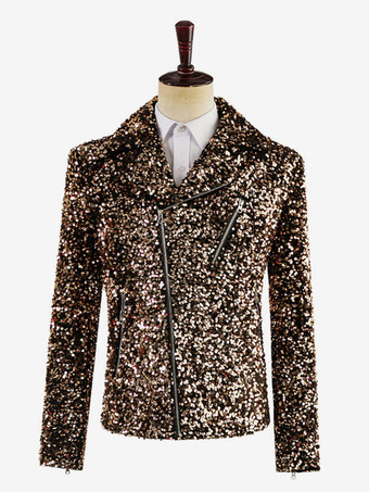 ディープブラウンメンズ パフォーマンス スパンコール ステージ コスチューム トップ 長袖 レトロ コスチューム