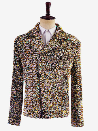 ブラウン メンズ パフォーマンス スパンコール ステージ コスチューム トップ 長袖 レトロ コスチューム