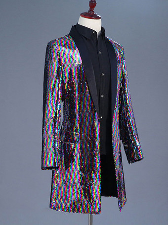 メンズ ロング レトロ ステージ パフォーマンス グリッター オーバーコート 80 年代 ロック ダンス ウェア