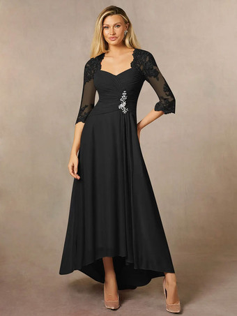 ブラックブライダルマザードレス 恋人ネック 3/4 長さ袖 Aライン レース ゲストドレス 結婚式用