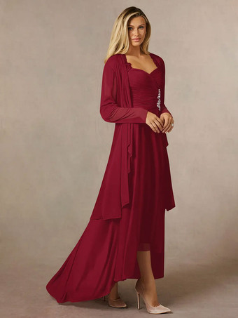 バーガンディーブライダルマザードレス 恋人ネック 3/4 長さ袖 Aライン レース ゲストドレス 結婚式用