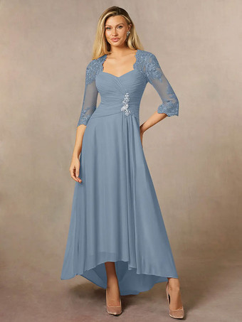 スレートグレー ブライダルマザードレス 恋人ネック 3/4 長さ袖 Aライン レース ゲストドレス 結婚式用