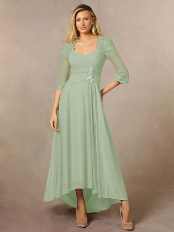 セージグリーンブライダルマザードレス 恋人ネック 3/4 長さ袖 Aライン レース ゲストドレス 結婚式用