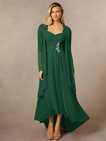 ダークグリーンブライダルマザードレス 恋人ネック 3/4 長さ袖 Aライン レース ゲストドレス 結婚式用