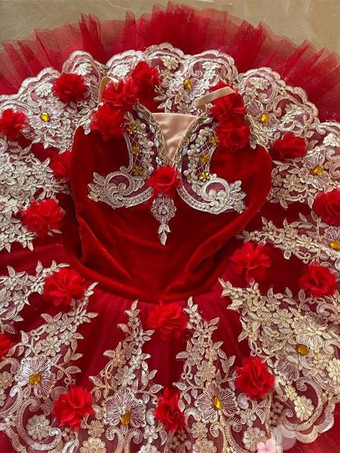 レッド バレエ ダンス衣装 ピンク 女の子 子供用 バレリーナ レース 花 ポリエステル ドレス ドレス ダンスウェア