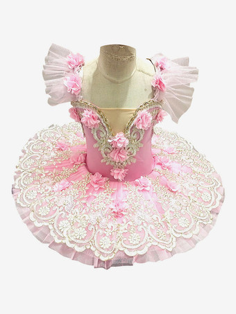 ピンクバレエ ダンス衣装 ピンク 女の子 子供用 バレリーナ レース 花 ポリエステル ドレス ドレス ダンスウェア