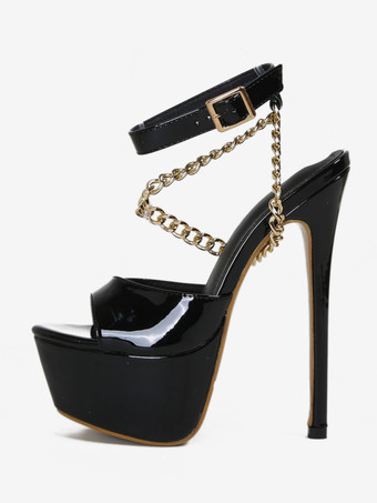 ハイヒールセクシーサンダル ブラック プラットフォーム チェーンディテール アンクルストラップ セクシーシューズ
