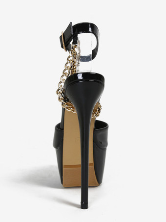 ハイヒールセクシーサンダル ブラック プラットフォーム チェーンディテール アンクルストラップ セクシーシューズ