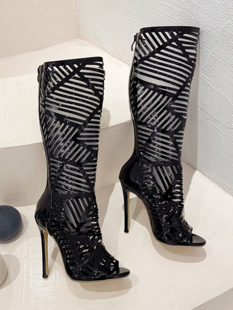 黒ニーハイブーツ女性ピープトウスティレットヒールカットアウトサンダルブーツ