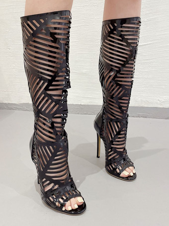 黒ニーハイブーツ女性ピープトウスティレットヒールカットアウトサンダルブーツ