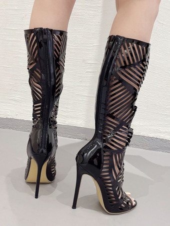 黒ニーハイブーツ女性ピープトウスティレットヒールカットアウトサンダルブーツ