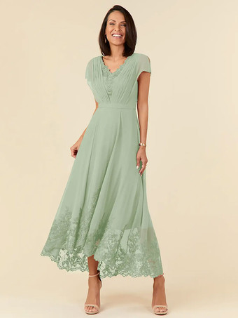 セージグリーン花嫁の母親のためのパーティードレス Vネック ノースリーブ Aライン プリーツ 足首丈 ウェディングゲストドレス