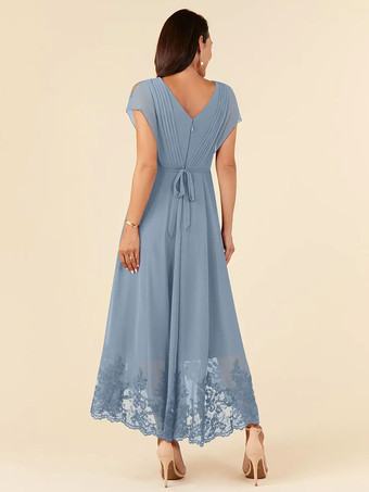 花嫁の母親のためのパーティードレス Vネック ノースリーブ Aライン プリーツ 足首丈 ウェディングゲストドレス