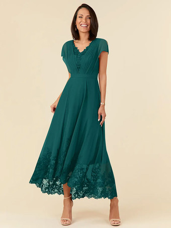 ブルーグリーン花嫁の母親のためのパーティードレス Vネック ノースリーブ Aライン プリーツ 足首丈 ウェディングゲストドレス