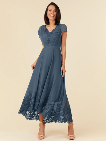 ブルー花嫁の母親のためのパーティードレス Vネック ノースリーブ Aライン プリーツ 足首丈 ウェディングゲストドレス