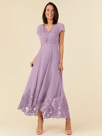 ラベンダー花嫁の母親のためのパーティードレス Vネック ノースリーブ Aライン プリーツ 足首丈 ウェディングゲストドレス