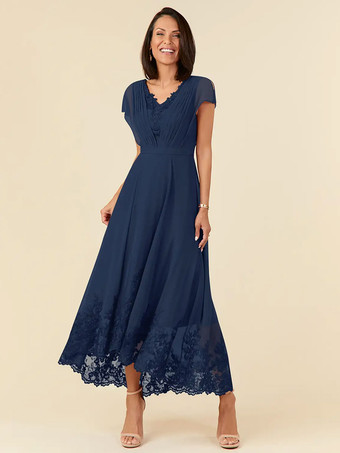 ダークネイビー花嫁の母親のためのパーティードレス Vネック ノースリーブ Aライン プリーツ 足首丈 ウェディングゲストドレス