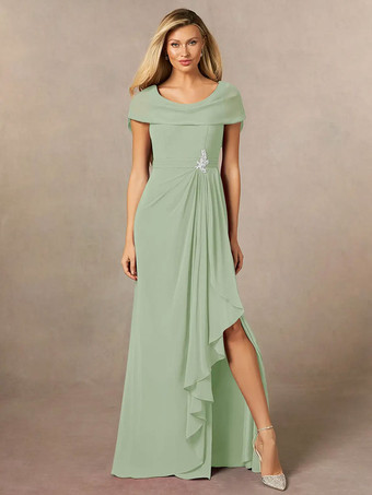 セージグリーンブライダルマザードレス Vネック 半袖 Aライン プリーツ マキシレングス ウェディングゲストドレス