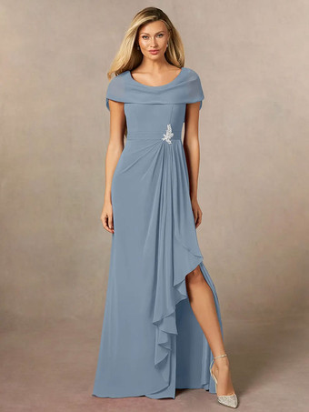 グレーブルーブライダルマザードレス Vネック 半袖 Aライン プリーツ マキシレングス ウェディングゲストドレス