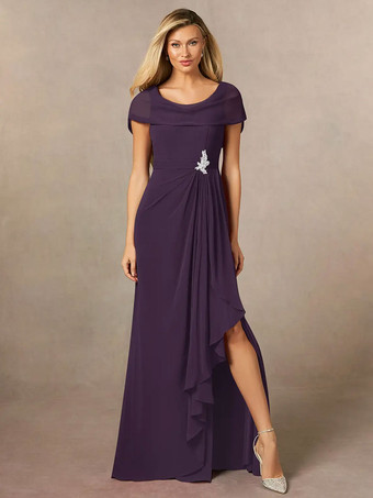 プラムブライダルマザードレス Vネック 半袖 Aライン プリーツ マキシレングス ウェディングゲストドレス