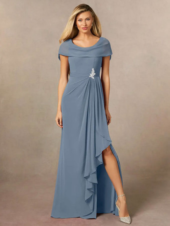 スレートグレー ブライダルマザードレス Vネック 半袖 Aライン プリーツ マキシレングス ウェディングゲストドレス