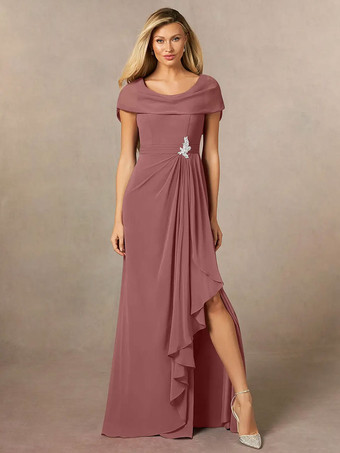 サーモンピンクブライダルマザードレス Vネック 半袖 Aライン プリーツ マキシレングス ウェディングゲストドレス