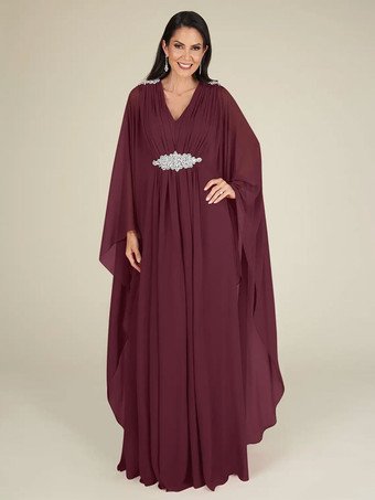 バーガンディーブライダルマザードレス Vネック ノースリーブ Aライン アップリケ ウェディングゲストドレス