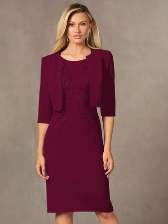 バーガンディー花嫁の母親のためのパーティードレス ジュエルネック ノースリーブ ショート レース 膝丈 ウェディングゲストドレス