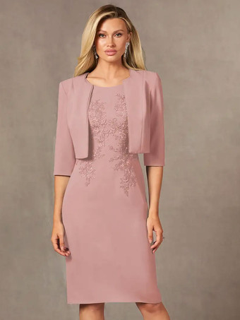 サーモンピンク花嫁の母親のためのパーティードレス ジュエルネック ノースリーブ ショート レース 膝丈 ウェディングゲストドレス