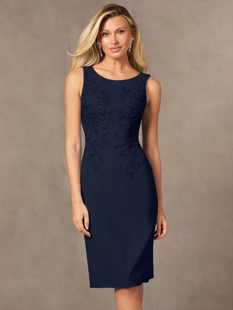 花嫁の母親のためのパーティードレス ジュエルネック ノースリーブ ショート レース 膝丈 ウェディングゲストドレス