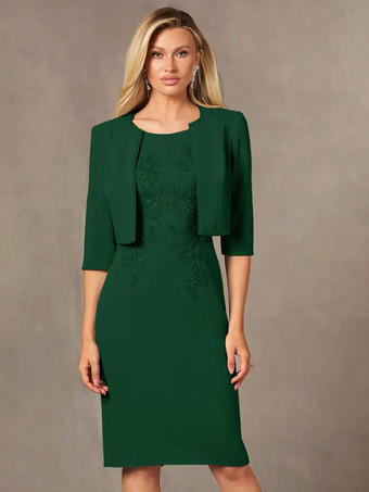 ダークグリーン花嫁の母親のためのパーティードレス ジュエルネック ノースリーブ ショート レース 膝丈 ウェディングゲストドレス