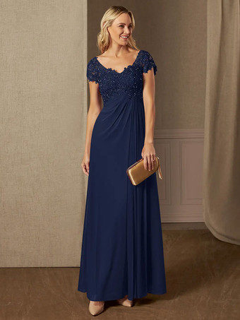 ダークネイビーパーティードレス 花嫁の母用 Vネック 半袖 Aライン レース ウェディングゲストドレス