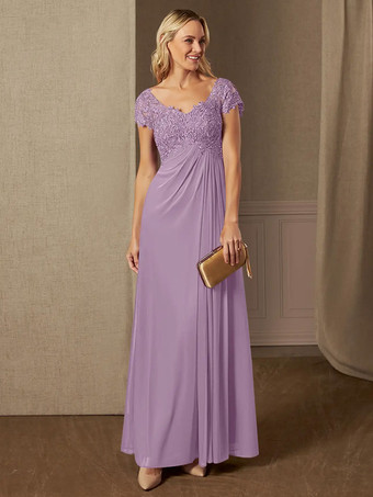 ラベンダーパーティードレス 花嫁の母用 Vネック 半袖 Aライン レース ウェディングゲストドレス
