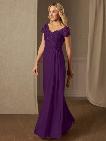 プラムパーティードレス 花嫁の母用 Vネック 半袖 Aライン レース ウェディングゲストドレス