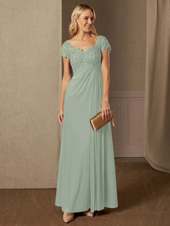 セージグリーンパーティードレス 花嫁の母用 Vネック 半袖 Aライン レース ウェディングゲストドレス