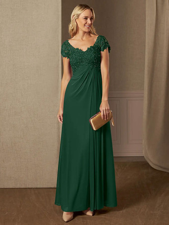 ダークグリーンパーティードレス 花嫁の母用 Vネック 半袖 Aライン レース ウェディングゲストドレス