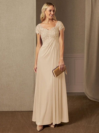 シャンパンパーティードレス 花嫁の母用 Vネック 半袖 Aライン レース ウェディングゲストドレス