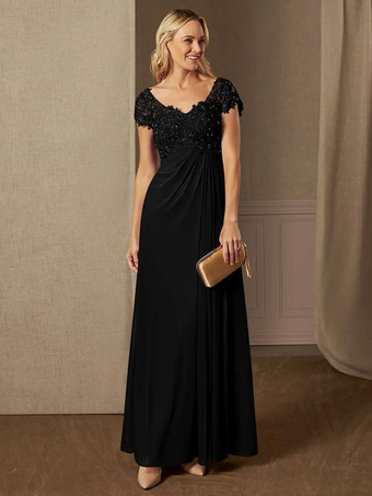 ブラックパーティードレス 花嫁の母用 Vネック 半袖 Aライン レース ウェディングゲストドレス