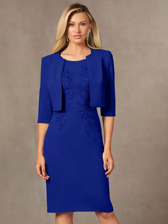 ロイヤルブルー花嫁の母親のためのパーティードレス ジュエルネック ノースリーブ ショート レース 膝丈 ウェディングゲストドレス